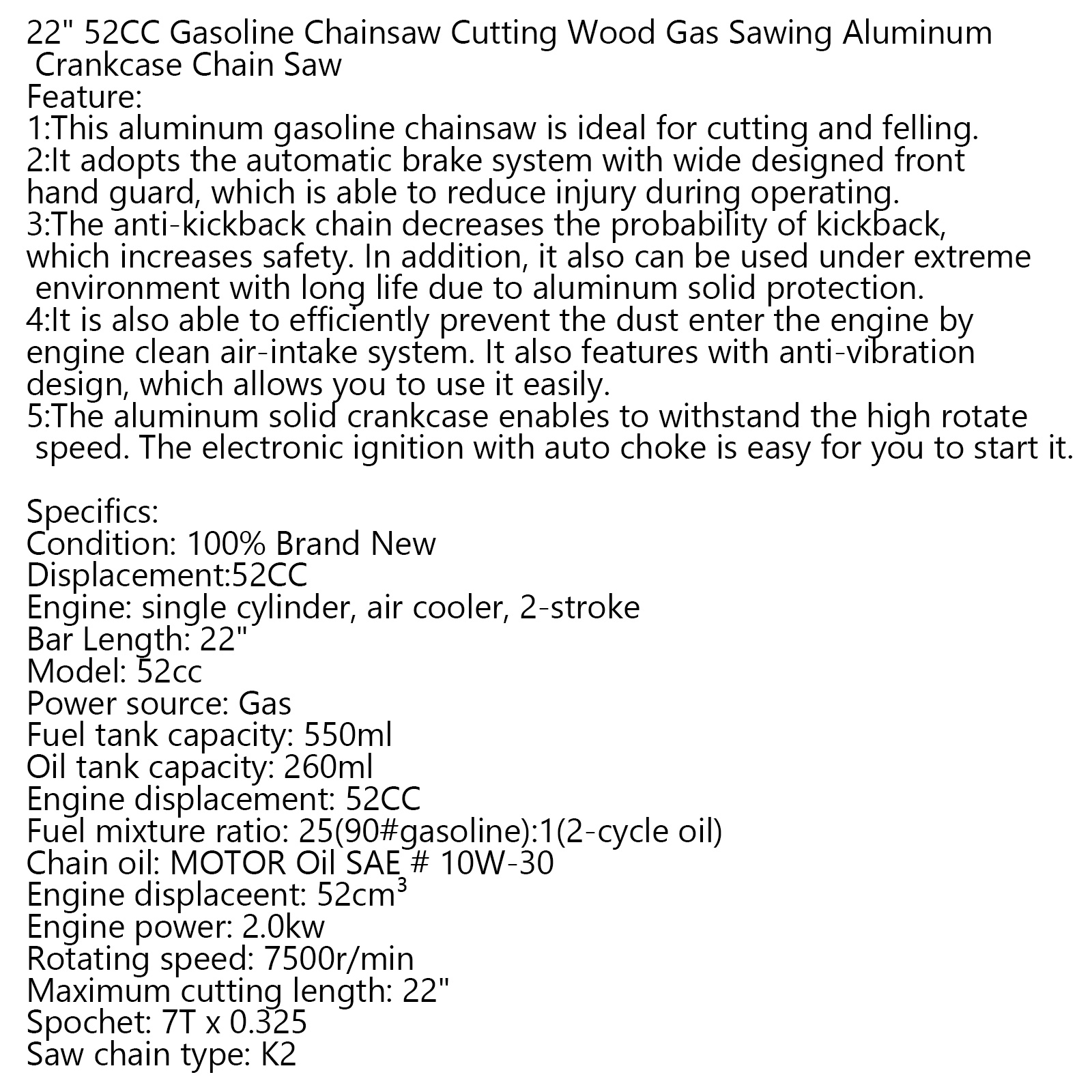 Complete gas chainsaw view – 52cc aluminum crankcase
