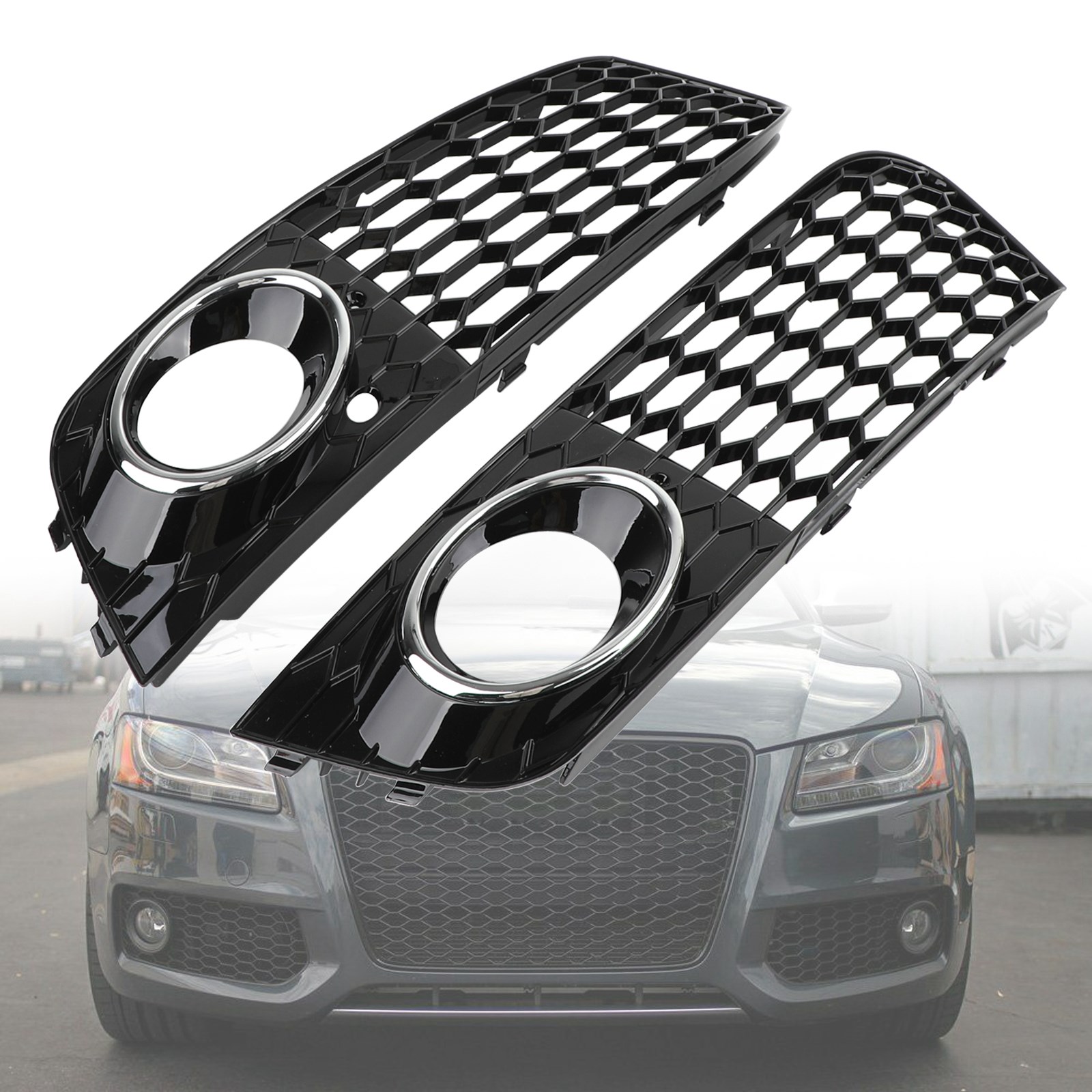 Audi A4 B8 2009-2012 電鍍圈 蜂窩狀前保桿霧燈框-極限超快感
