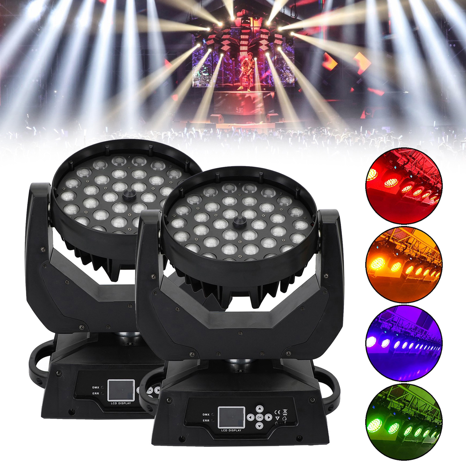 2Pcs 36x10W Moving Head Stage Light RGBW 4-in-1 Zoom DMX for DJ Party Stage