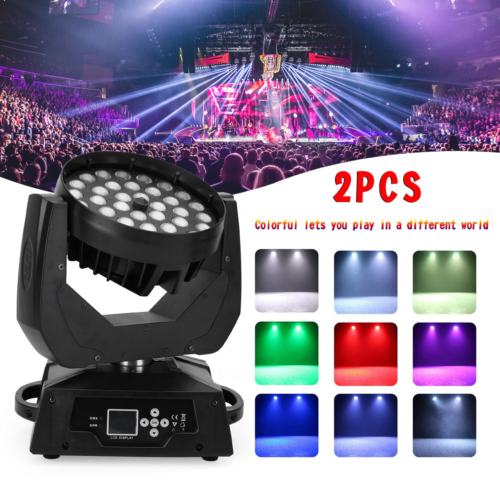 2Pcs 36x10W Moving Head Stage Light RGBW 4-in-1 Zoom Wash Effects for DJ and Parties