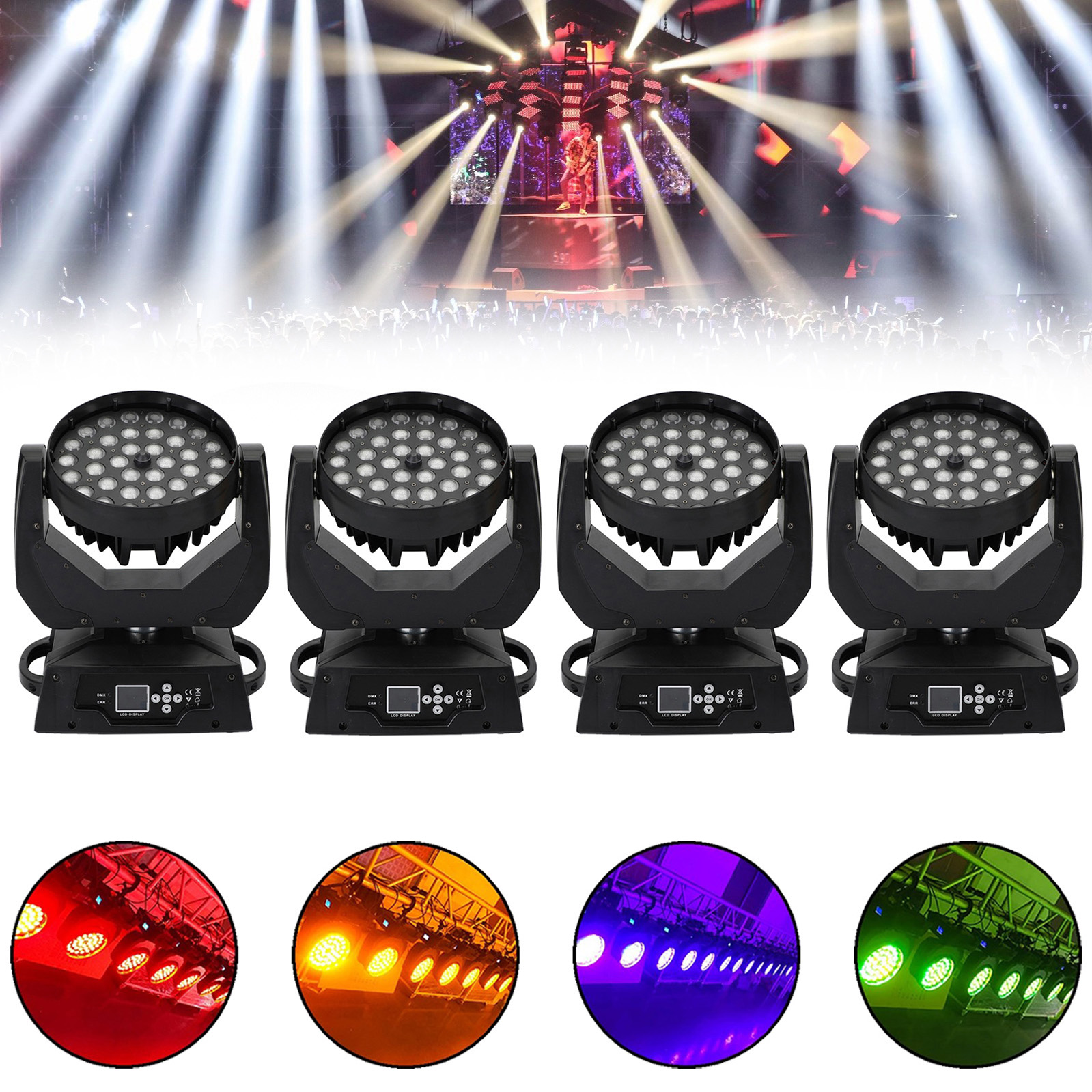 4Pcs 36x10W Moving Head Stage Light RGBW 4-in-1 Zoom DMX for DJ Party Stage