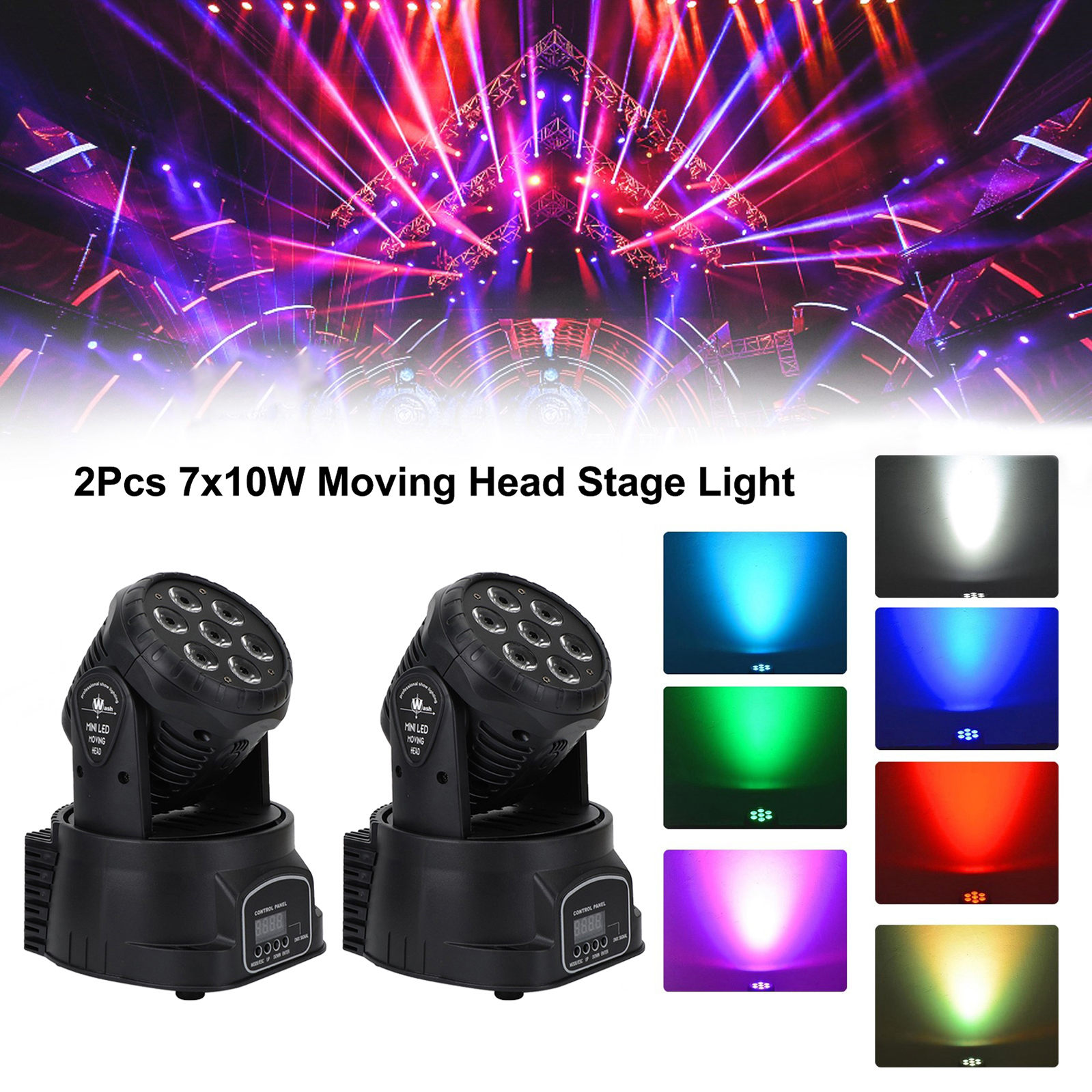 2Pcs 7x10W RGBW 4-in-1 Moving Head Stage Light for Stage Performances and Nightclubs