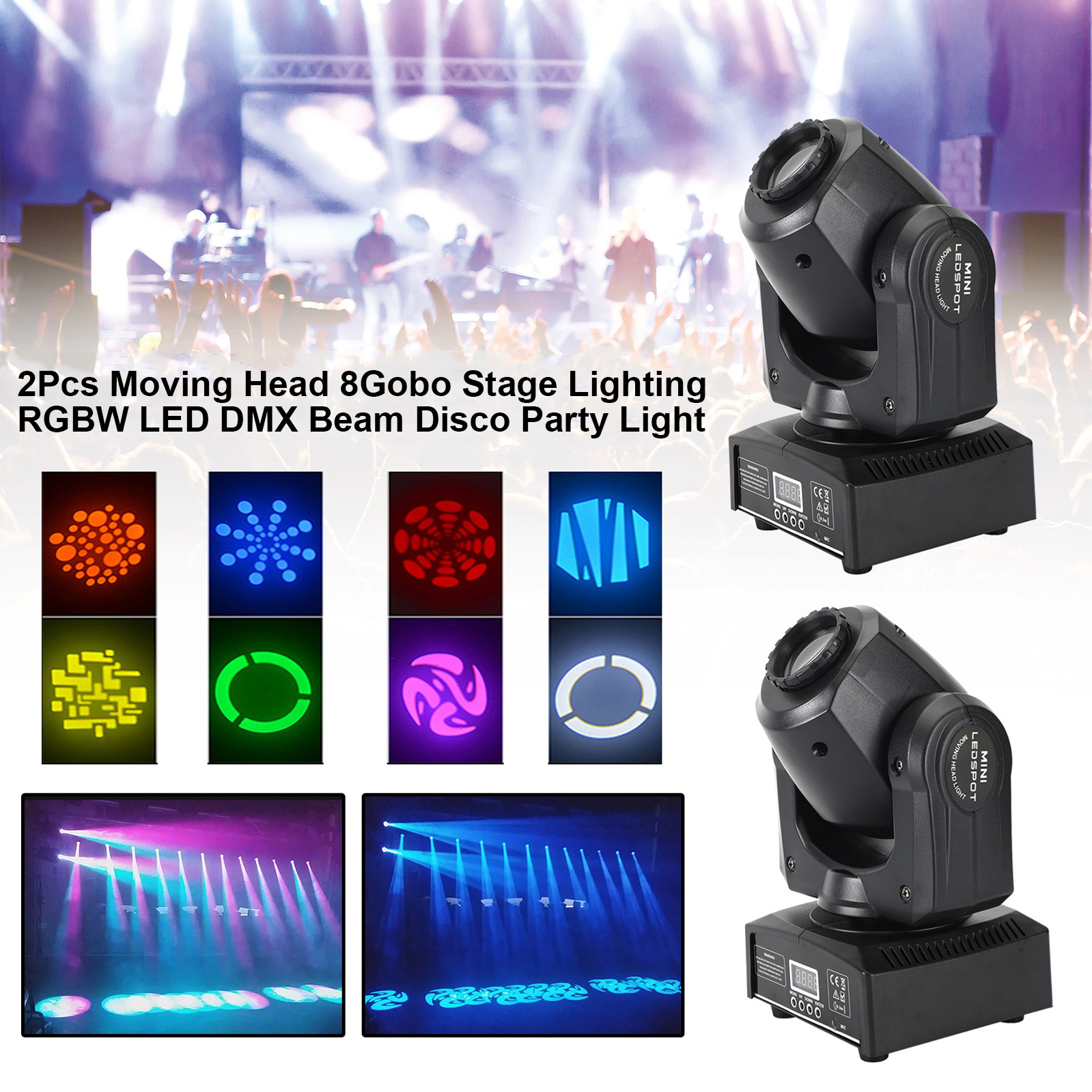 2Pcs Moving Head 8Gobo Stage Lighting RGBW LED DMX Beam Disco Party Light
