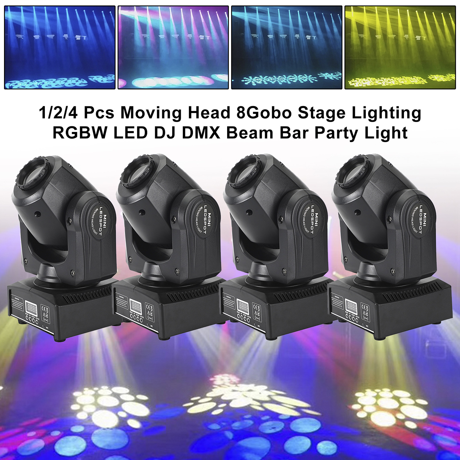 1/2/4 Pcs Moving Head 8Gobo Stage Lighting RGBW LED DMX Beam Effects for Weddings and Clubs
