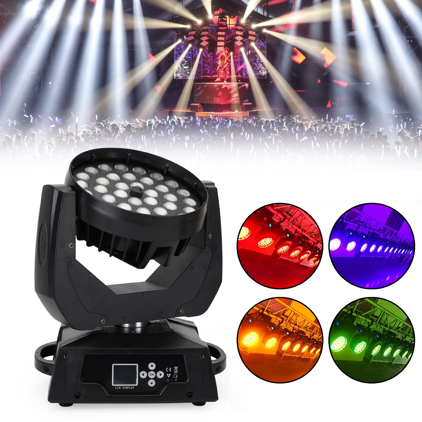 360W RGBW LED Moving Head Wash Light 36x10W 4-in-1 Zoom DMX Control Panel