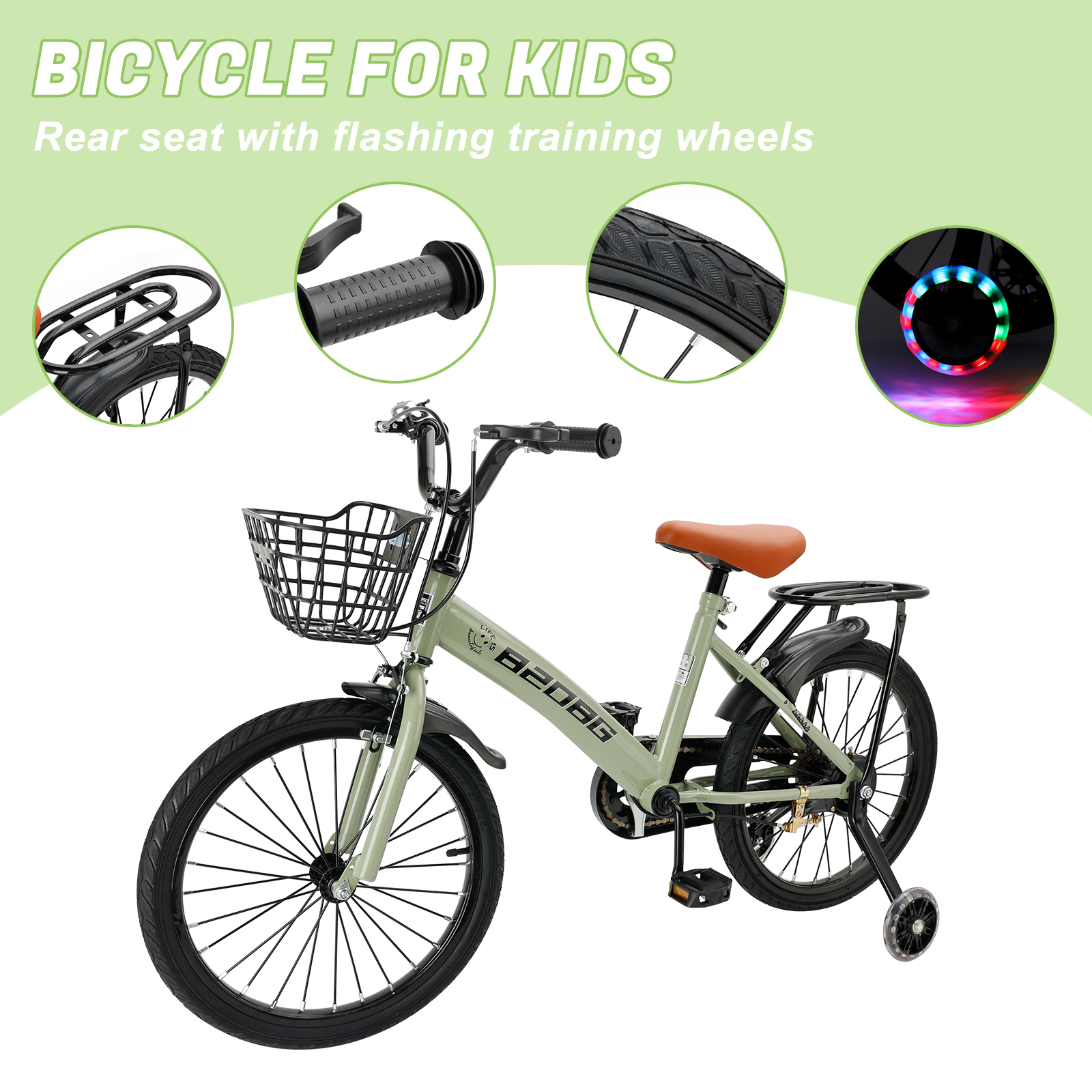 18 Inch Kid's Bike High Carbon Steel Frame Adjustable Seat Double Brake Auxiliary Wheels Seat Grip