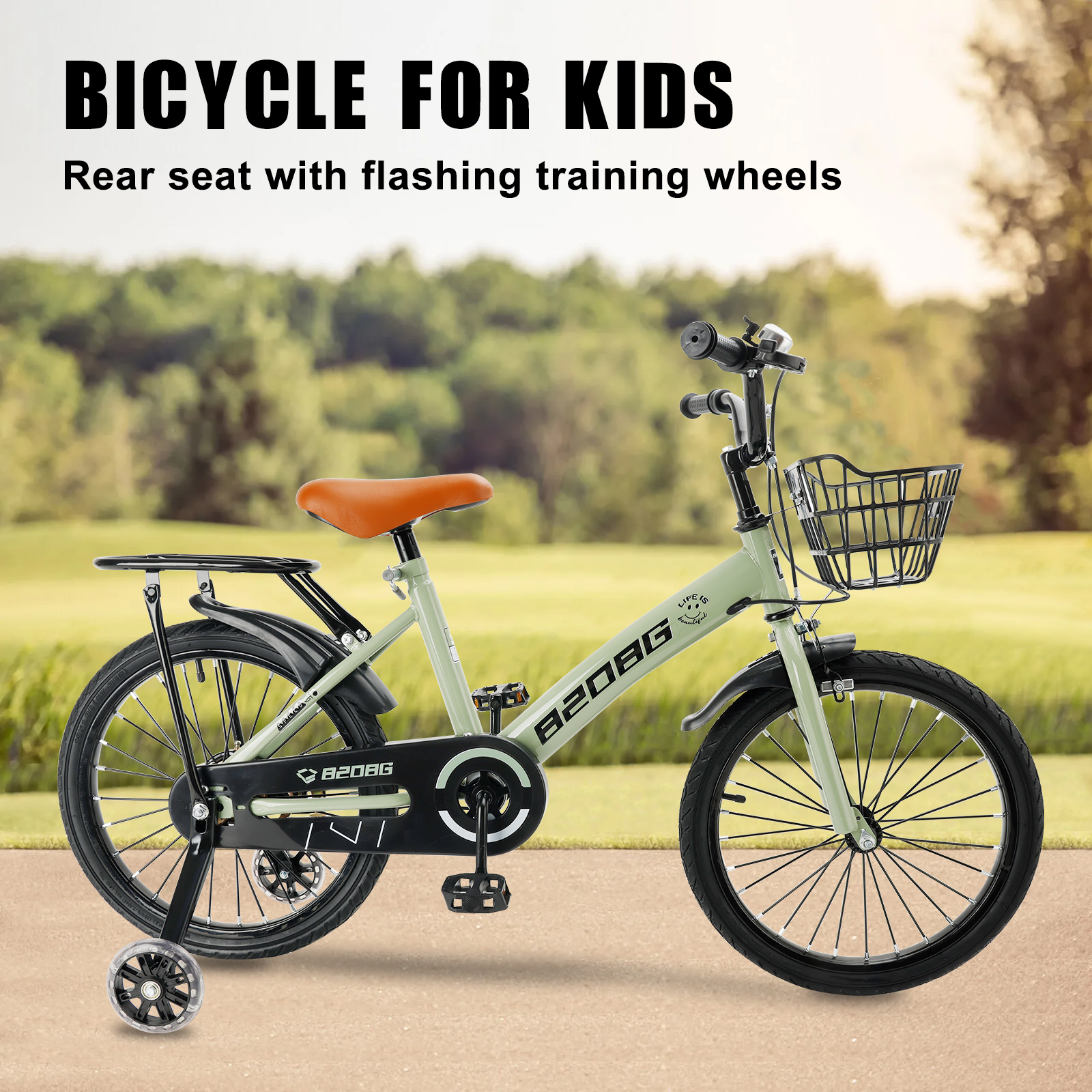 18 Inch Kid's Bike High Carbon Steel Frame Adjustable Seat Double Brake Auxiliary Wheels Training Wheels