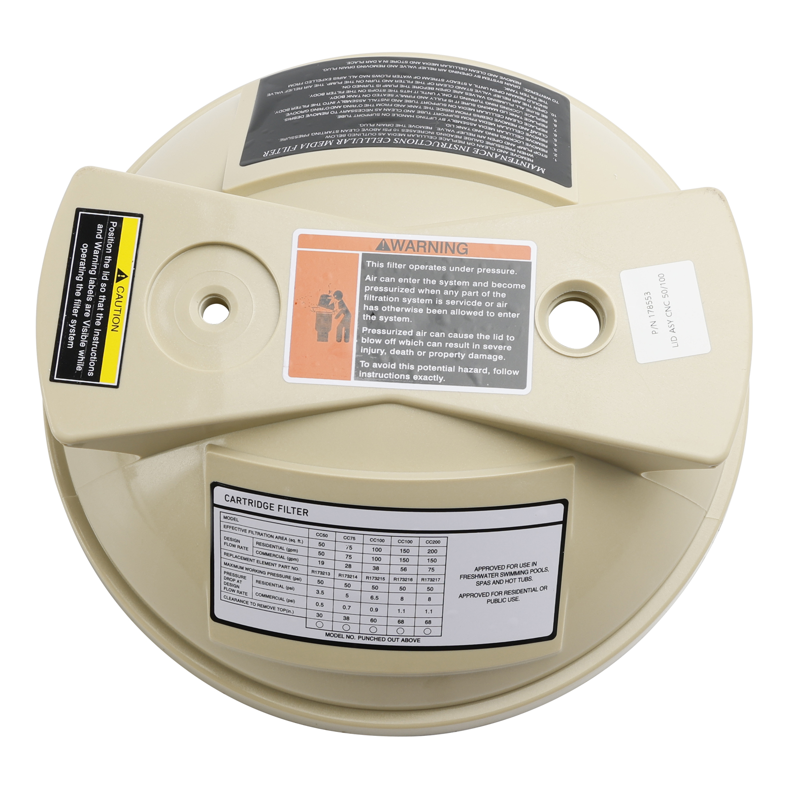 Filter Cover Lid 178553 For Pentair Clean Clear 50 100 Predator 100 Pool Filter Top View