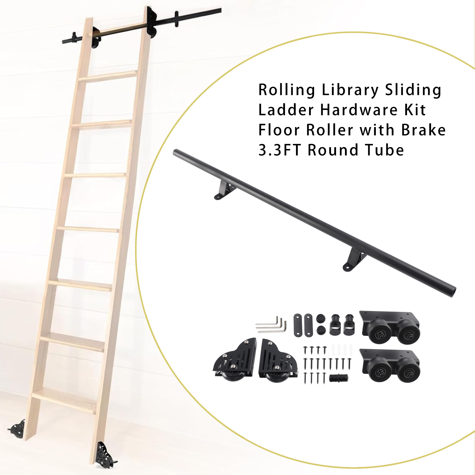 Rolling Library Sliding Ladder Hardware Kit Floor Roller with Brake 3.3FT Round Tube