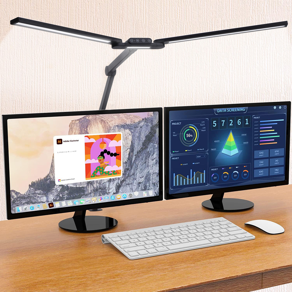 APMIEK 24W Dual Head LED Desk Lamp With Remote - Flexible Gooseneck Clamp Light For Computer Monitor, Adjustable Lighting