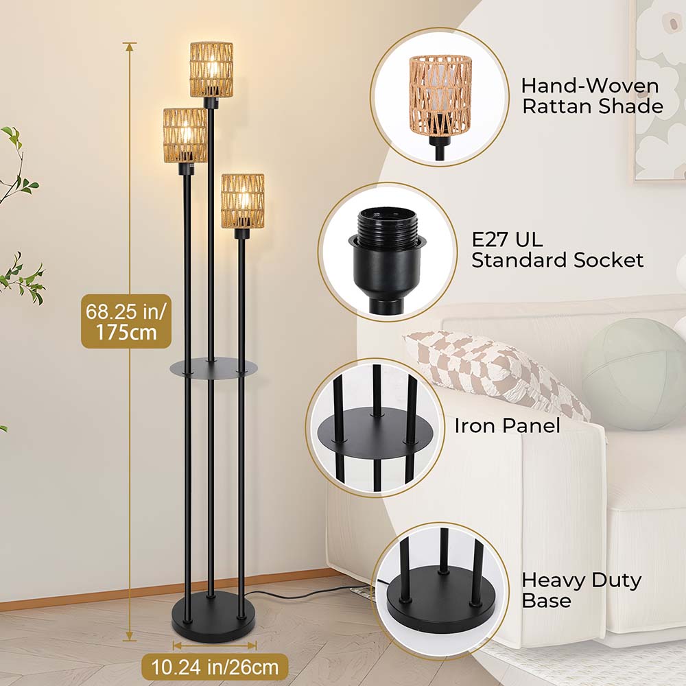 Détails du Lampadaire Métal Bohème : Étagère, Abat-jour Rotin et Interrupteur Pied