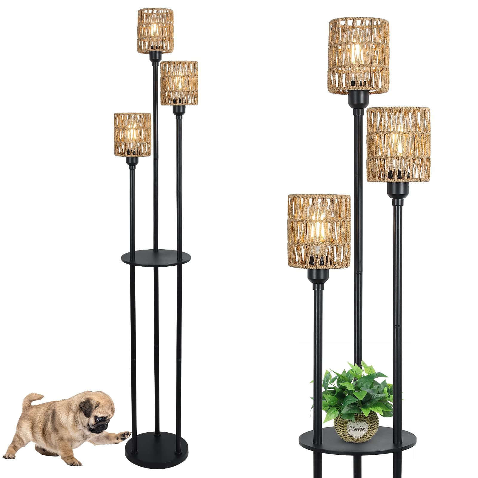 Lampadaire Métal Bohème avec Étagère et Abat-jour Rotin