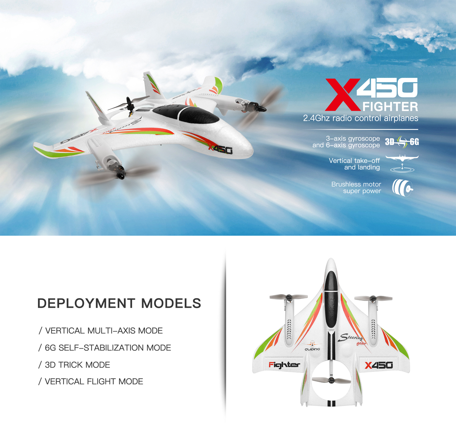 WLtoys XK X450 Brushless RC Airplane 2.4G 6CH 3D 6G VTOL Fixed Wing RTF Plane 4 Flight Modes LED Lights for Hobby Pilot Age14+