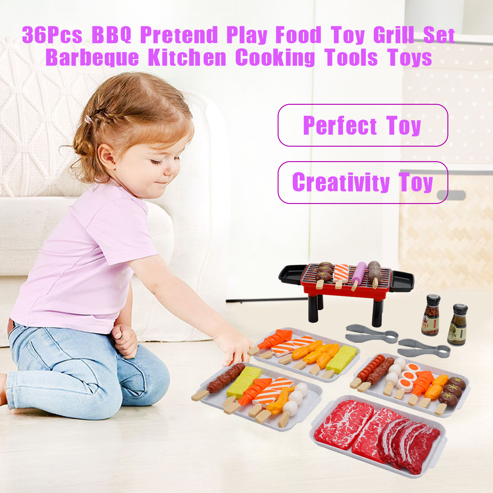 36PCS BBQ Pretend Play Food Toy Set Kids Grill Kitchen Cooking Tools Role Play Set for Toddlers Over 3 Years Old