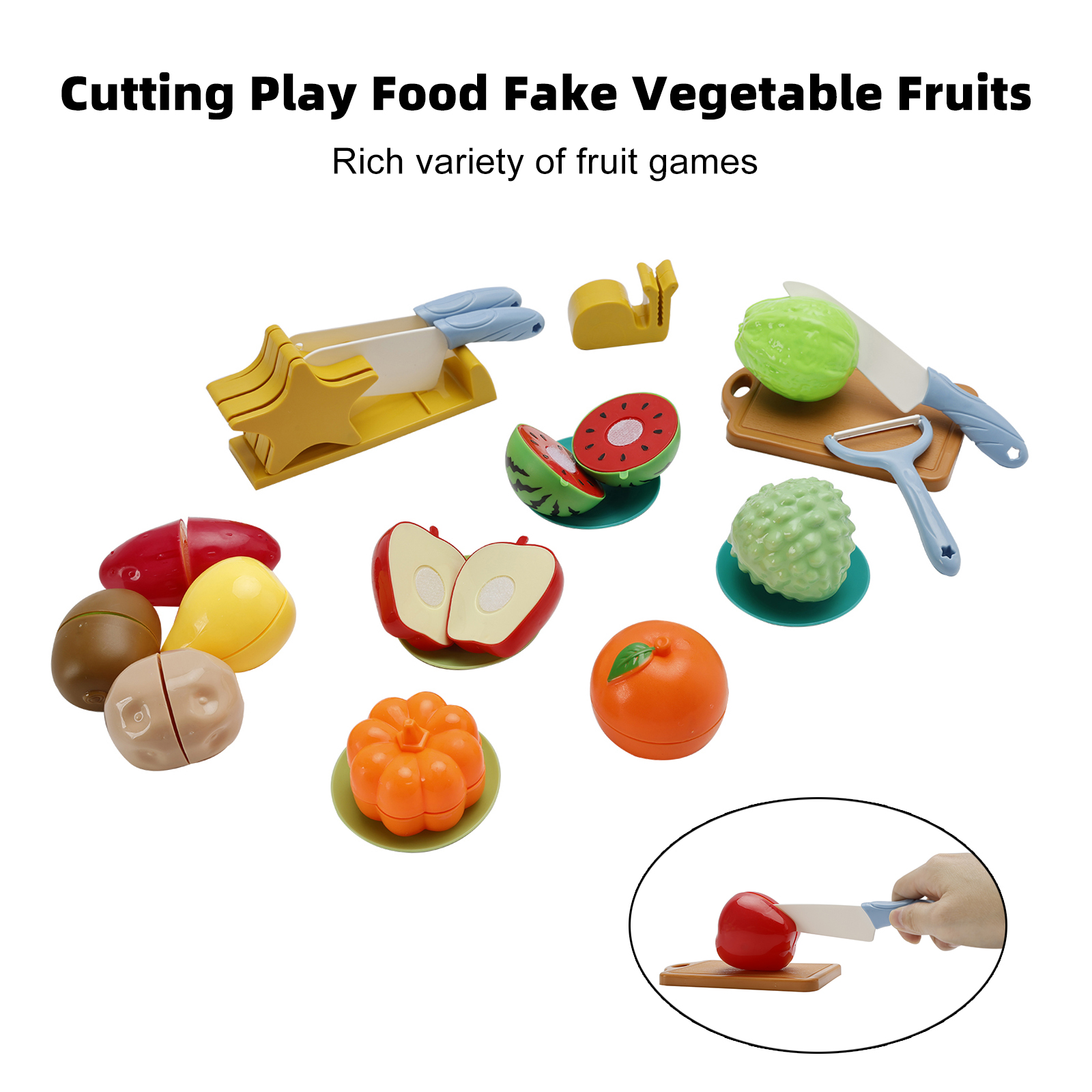 21Pcs Cutting Play Food Toy Set Fake Fruits Vegetables Cuttable Pretend Kitchen Food Playset for Toddlers Kids Age 3+