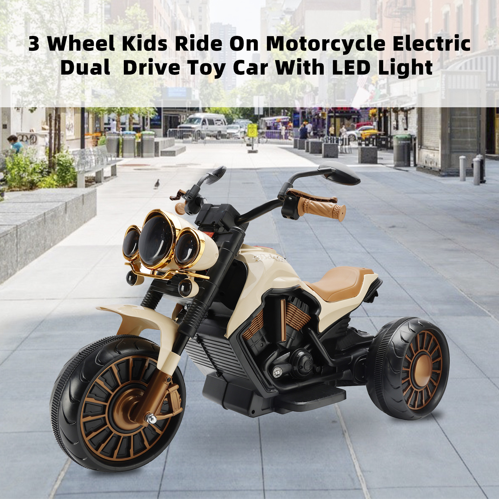 Brown kids ride-on motorcycle with LED light