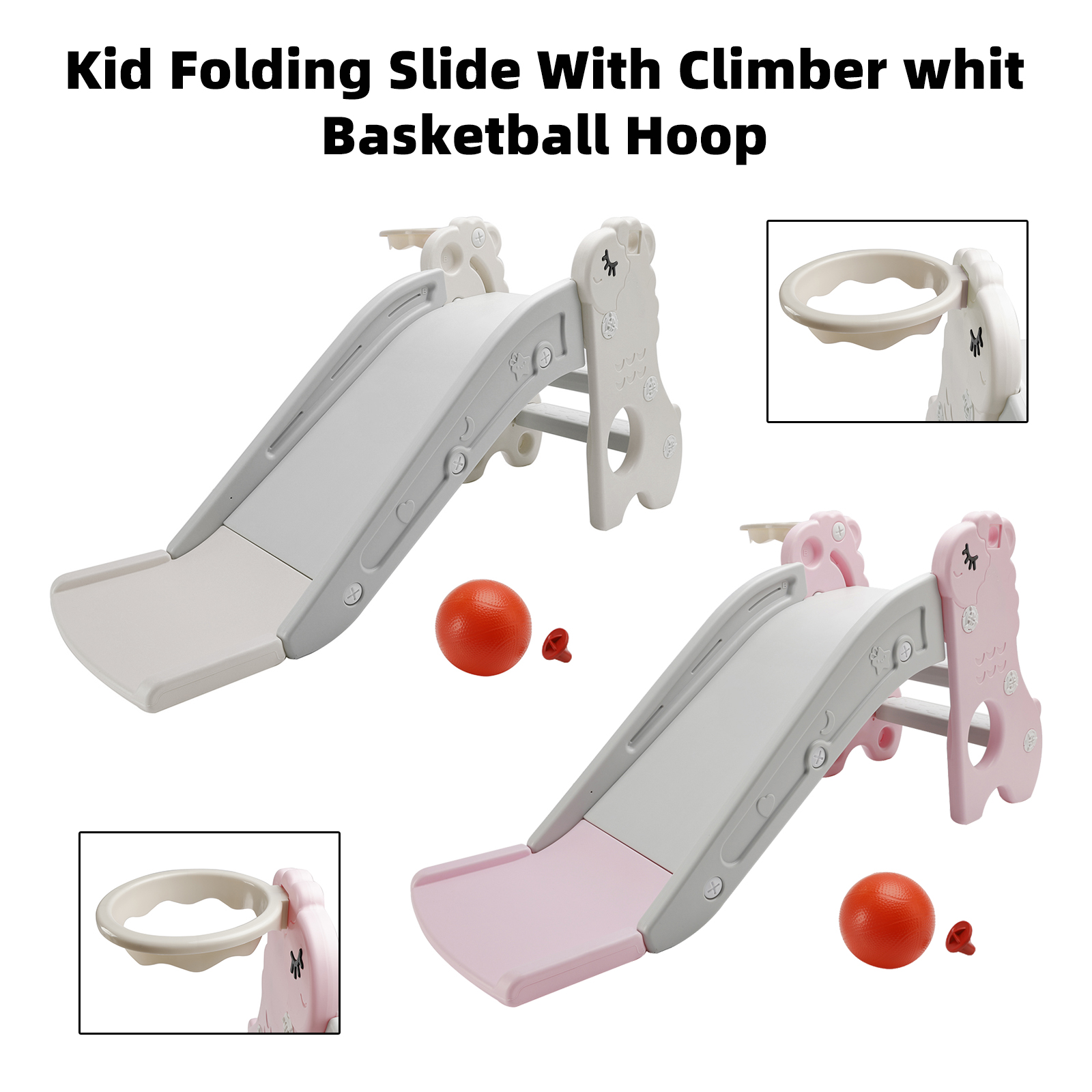 3 In 1 Folding Kids Slide With Climber Basketball Hoop Freestanding Indoor Outdoor Toddler Play Toy Pink White For 1-3 Years Old Baby