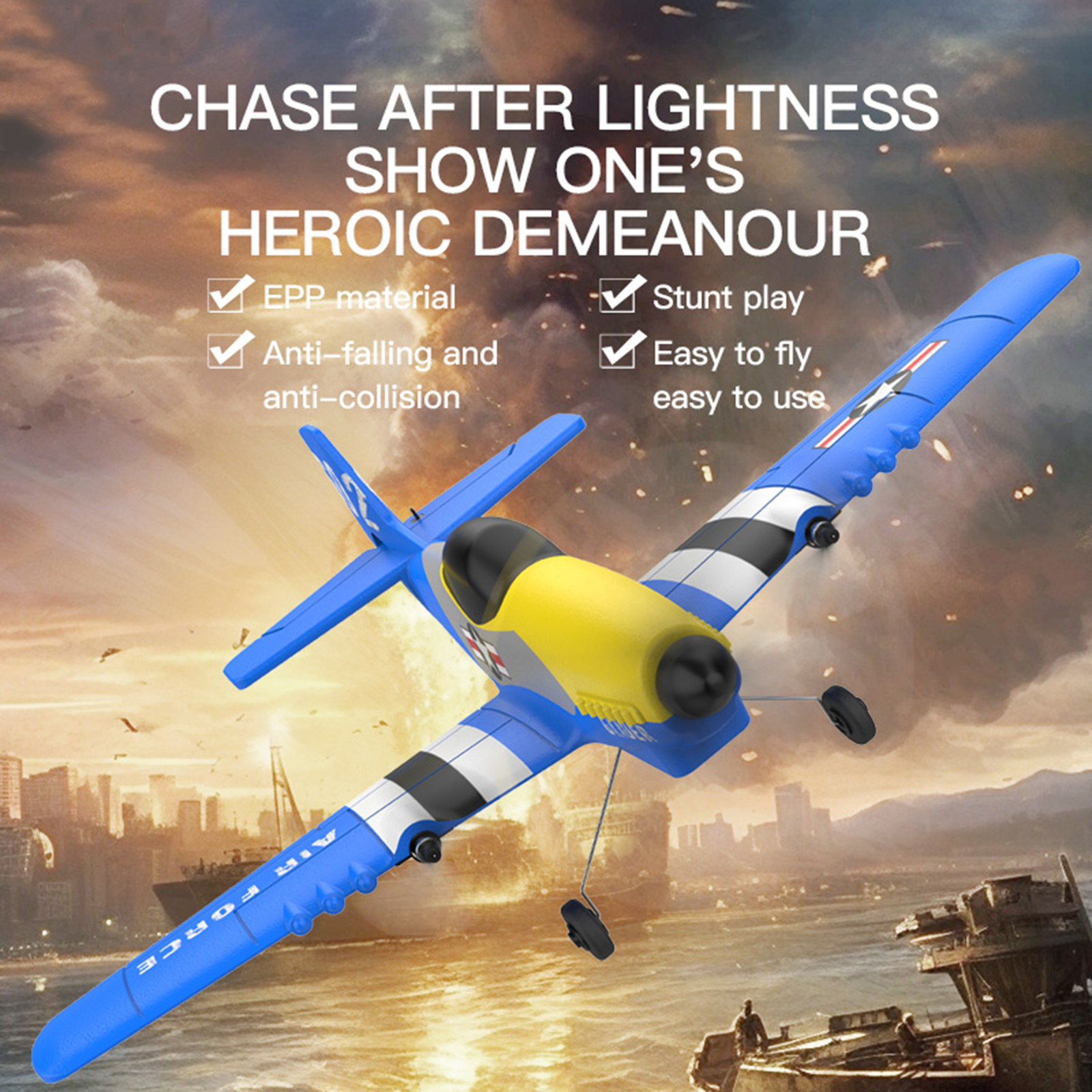 Blue P51 Mustang 3 Channel RC Airplane 2.4GHz 6Axis Gyro Stabilized EPP Foam Plane With 2Pcs 3.7V Batteries Beginner Remote Control Aircraft Toy