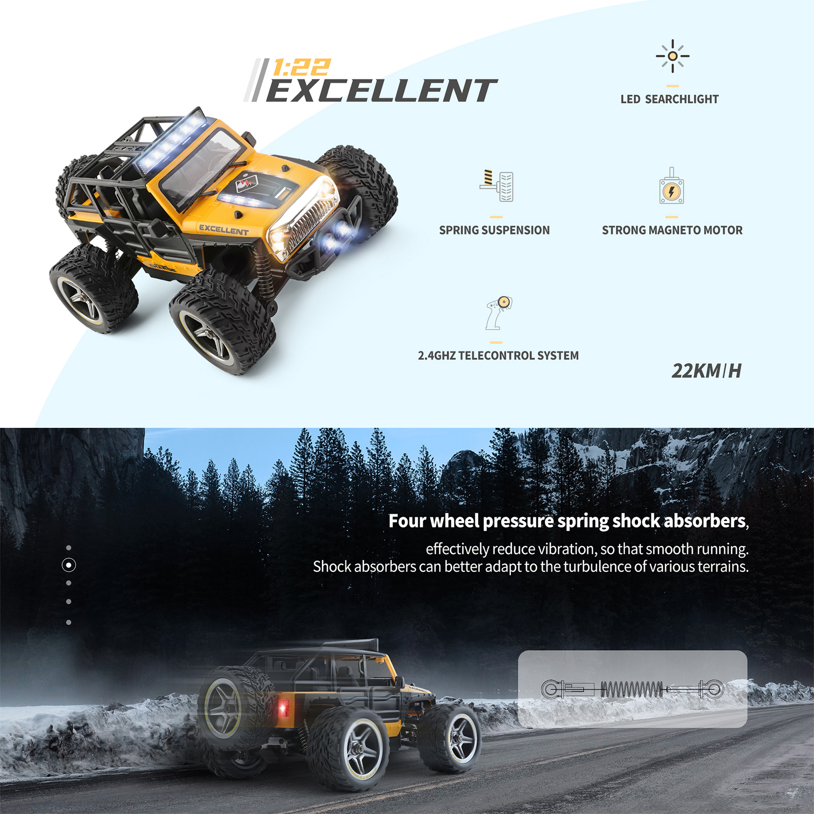 WLtoys 22201 1/22 2WD RC Crawler 22km/h 2.4GHz All Terrain Off Road Remote Control Car with Full Simulation LED Lights