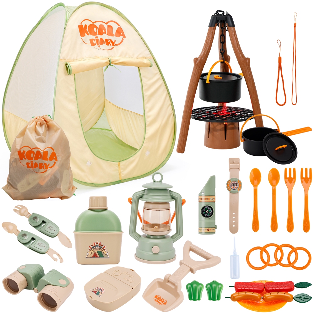 42 Pieces Kids Pretend Camping Set Pop Up Tent Light Mist Campfire Lantern Binocular Compass Outdoor Adventure Pretend Play Toy Gift for Boys Girls 3+ Years Old