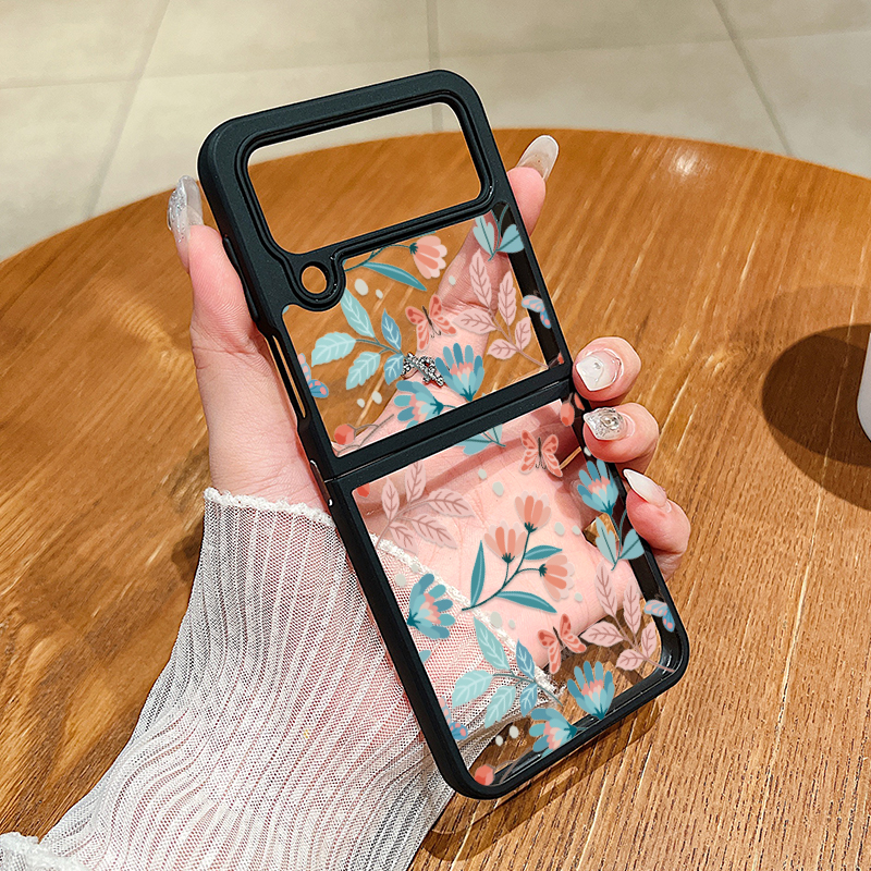 Flower Pattern Clear Phone Case For Samsung Galaxy Z Flip 6 5 4 5G Hard Acrylic Metal Buckle Folding Cover For Samsung Z Flip6_voghion.com