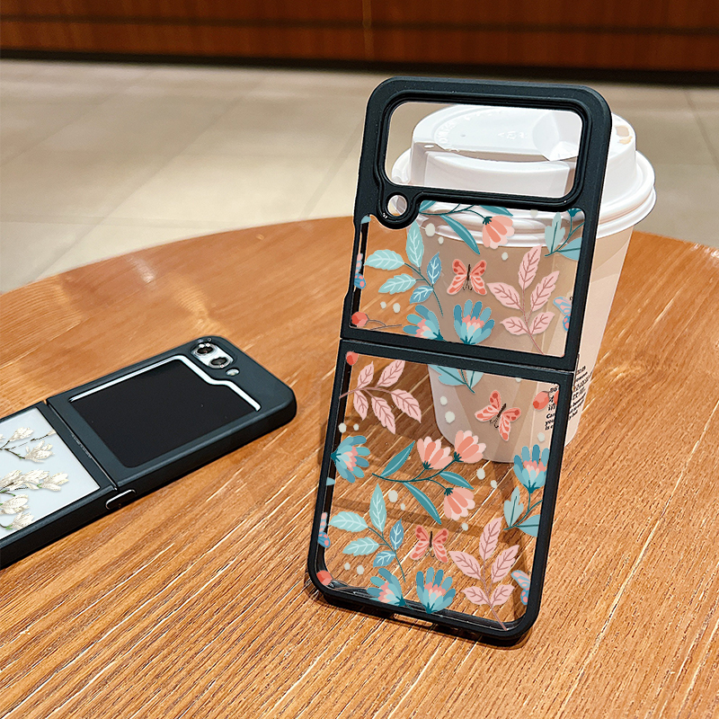 Flower Pattern Clear Phone Case For Samsung Galaxy Z Flip 6 5 4 5G Hard Acrylic Metal Buckle Folding Cover For Samsung Z Flip6_voghion.com