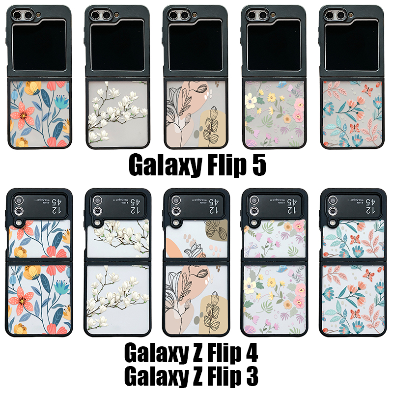 Flower Pattern Clear Phone Case For Samsung Galaxy Z Flip 6 5 4 5G Hard Acrylic Metal Buckle Folding Cover For Samsung Z Flip6_voghion.com